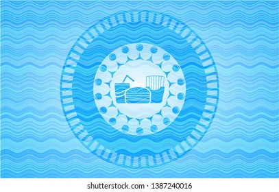 fast food icon inside light blue water style badge.
