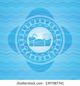 fast food icon inside light blue water badge background.