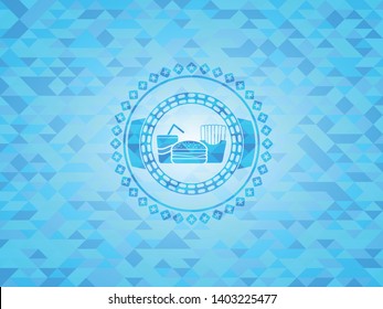 fast food icon inside light blue emblem. Mosaic background