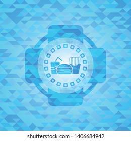 fast food icon inside light blue emblem with triangle mosaic background