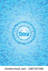 fast food icon inside light blue emblem. Mosaic background