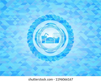 fast food icon inside realistic sky blue mosaic emblem