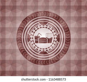 fast food icon inside red emblem or badge with abstract geometric polygonal pattern background. Seamless.