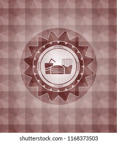 fast food icon inside red seamless emblem or badge with geometric pattern background.