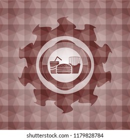 fast food icon inside red seamless emblem or badge with abstract geometric polygonal pattern background.