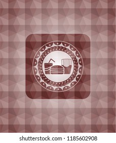 fast food icon inside red seamless emblem or badge with geometric pattern background.