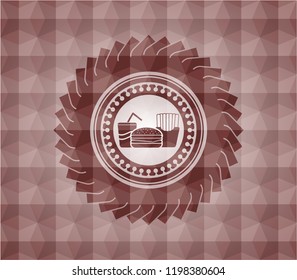 fast food icon inside red geometric pattern emblem. Seamless.