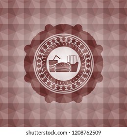 fast food icon inside red emblem or badge with geometric pattern background. Seamless.