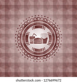 fast food icon inside red seamless badge with geometric pattern background.