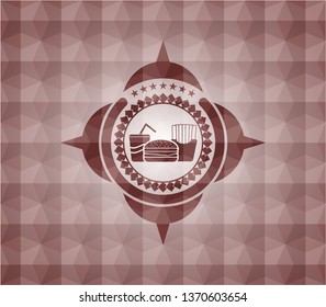 fast food icon inside red geometric emblem. Seamless.