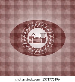 fast food icon inside red emblem or badge with abstract geometric polygonal pattern background. Seamless.