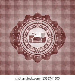 fast food icon inside red seamless emblem or badge with geometric pattern background.