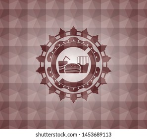 fast food icon inside red emblem or badge with geometric pattern background. Seamless.