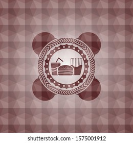 fast food icon inside red seamless emblem with geometric background.