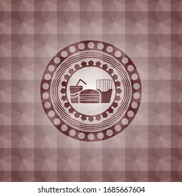 fast food icon inside red seamless badge with geometric background.