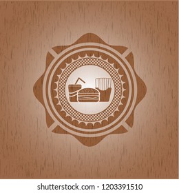 fast food icon inside retro style wooden emblem