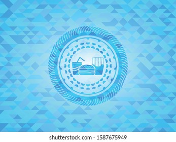 fast food icon inside sky blue emblem. Mosaic background
