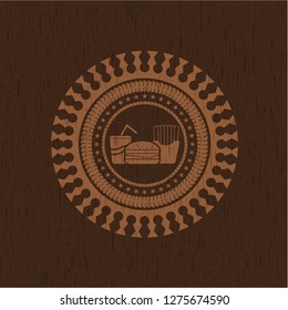 fast food icon inside vintage wood emblem