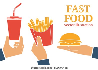 Fast food icon. Isolated on white background. Vector illustration flat design style. People hold hamburger, french fries in paper box, soda drink. Takeaway food, delivery. Template for prices.