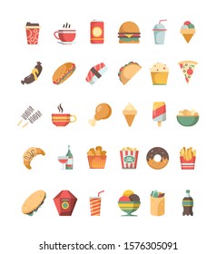 Fast Food Icon. Junk Food Trash Unhealthy Products Burger Hotdog Drinks Pizza Barbecue Fried Crispy Vector Symbols