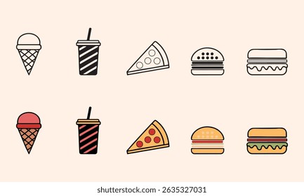Fast Food Icon in Line and Colorful Vector Style on White Background
