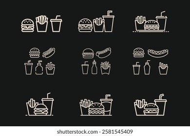 Fast Food icon minimal set, burgers, french fries, and soft drink symbols of street food