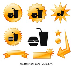 Fast Food Icon on Orange Burst Banners and Medals Original Vector Illustration