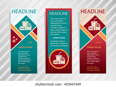 Fast food icon on vertical banner. Modern abstract flyer, banner, brochure design template.