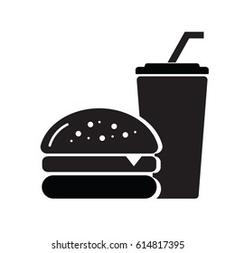 Fast food icon on white background, Drink with straw and hamburger. Vector EPS 10.