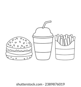 fast food icon, outline set of french fries, burger and drink, flat design on white background