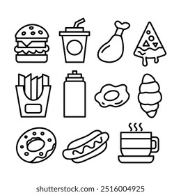 Icono de comida rápida para el empaquetado o el fondo del negocio, símbolo del icono de la pizza de la hamburguesa