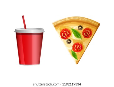 Fast food icon, piece of pizza and soda water cup. Triangular slice of tasty Italian junk food, glass of lemonade, juice, milk shake with drinking straw. Vector illustration in flat style.