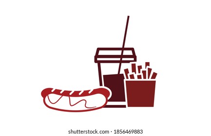 Fast food icon. Potato, hot dog and glass for drink.  Cartoon shapes. Vector illustration on white background 