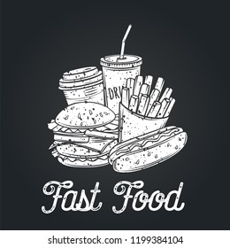 Fast food icon, retro style, vector illustration. Hot dog, drink, french fries and burger. Cafe menu sign.