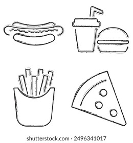 fast food icon set, brush strokes on white background. Vector illustration.