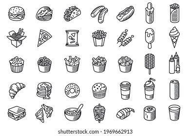 Fast food icon set. Burger, hot dog, pizza and other food black vector isolated icons on white background. Best for restaurants, cafes, bars and food courts.