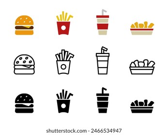 Conjunto de iconos de comida rápida. Símbolo de hamburguesa. Signo de papas fritas. Ilustración vectorial de nuggets de pollo. Botella de refresco de coca. Conjunto de iconos de aperitivo aislado. Logo de Eatery.