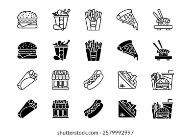 Fast food icon set. Burger combo menu with fries sign. Hot dog and wrap symbol. Pizza and sushi pictogram. Takeaway meal shop illustration.