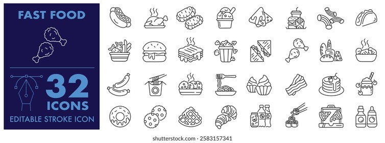 Fast Food Icon set Burger, Popcorn, Donut, pizza, Hot dog, French fries, Sandwich, Noodles, Pasta, Soda, Sausage, Burrito, Taco and Fried chicken and more Editable Stroke Icons set.