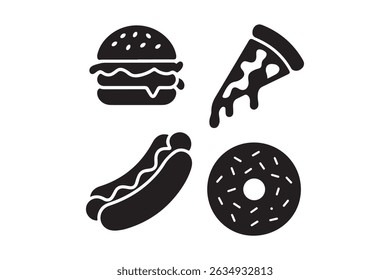 Fast Food Icon Set Burger Pizza Donut Hot Dog Vector Silhouettes