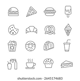 Fast food icon set. Burger sandwich pizza hot dog cola coffee sweets. fast food thin line icons.vector illustration on white background
