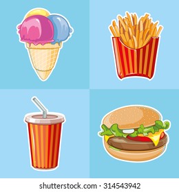 fast food icon set: burger, plastic glass with cold drink, French fries, ice cream