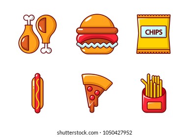 Fast food icon set. Cartoon set of fast food vector icons for web design isolated on white background