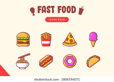 Fast Food Icon Set Cartoon Vector Icon Illustration. Food And Drink Icon Concept Isolated Premium Vector. Flat Cartoon Style.