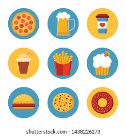 Fast food icon set collection, flat design. Pizza, beer, coffee, cold drink, french fries, cupcake, burger, cake, donut vector illustration in circle. Perfect for cafe and restaurant web.