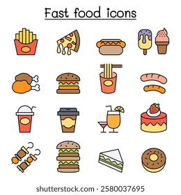 fast food icon set in color line style