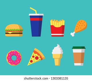 Fast Food Icon Set, Colorful Flat Design, Vector Illustration