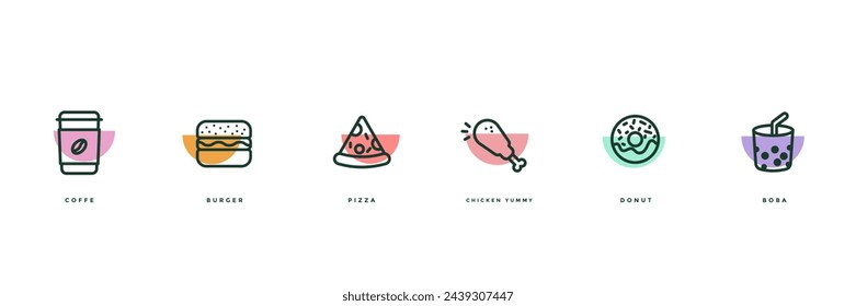 Fast food icon set, combination food and drink,coffe,burger,pizza,chicke,donut,boba. Simple design. Vector illustrattion