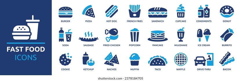 Fast food icon set. Containing burger, pizza, hot dog, french fries, sandwich, soda, sausage, burrito, taco and nachos. Vector solid icons collection.