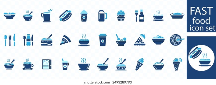 fast food icon set.  Containing food, lunch, eat, dinner, pasta, rice, pizza, salad, soup, breakfast and more. Vector solid icons collection.